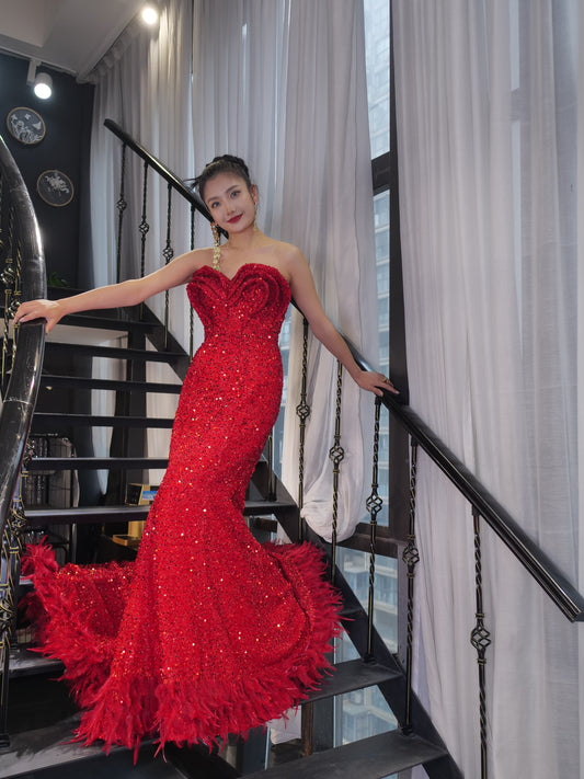 Red Sequin Pageant Dresses Strapless Mermaid Evening Gown 222150
