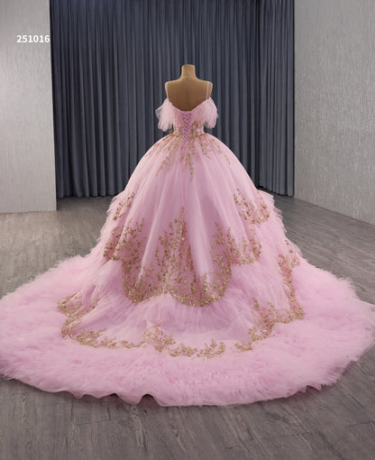 2025 New Blush Pink Gold lace Off the Shoulder Quinceanera Dress 251016