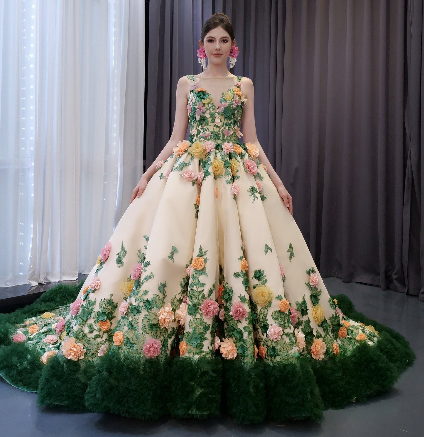 Three Dimentional Green Ruflles Appliqued Quinceanera Dress 241067