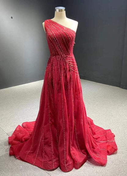 One Shoulder Yellow Prom Beaded Pageant Gown Formal Dresses 67535