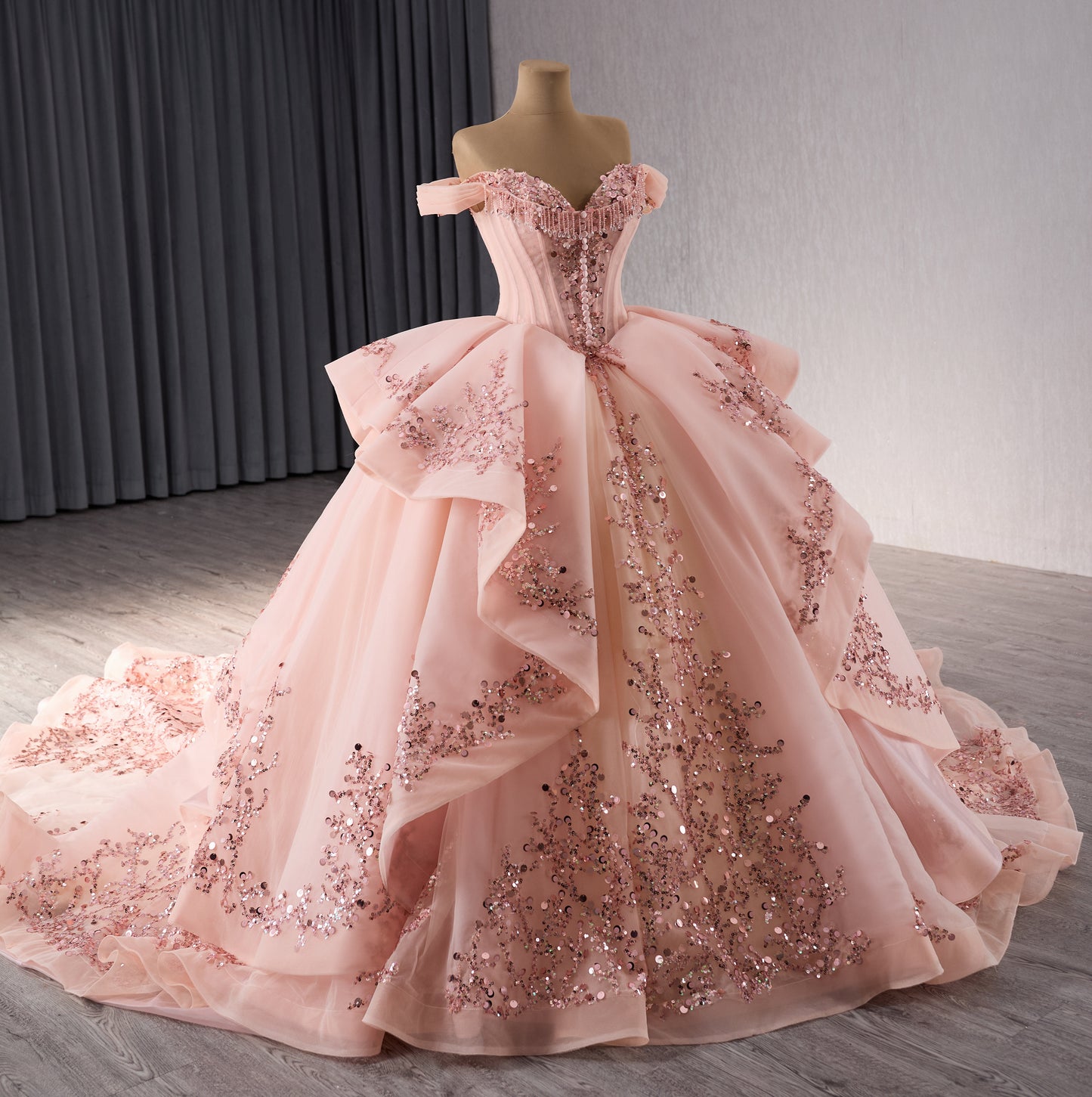 Elegant Off Shoulder Long Train Prom Gown Luxury Quinceanera Dress 241071