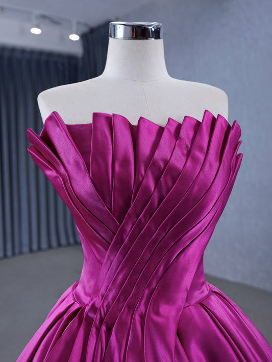 Magenta Plain Pleats Line Wedding Prom Evening Gown