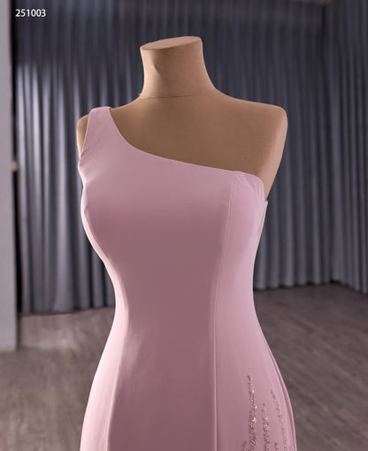 Elegant One-Shoulder Pink Mermaid Gown with Sequins and Flowing Train 251003