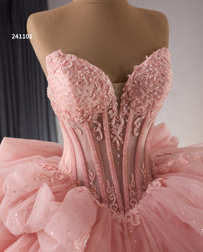Blush Pink Tiered Glitter Beaded Quinceanera Dress with Bow 241101
