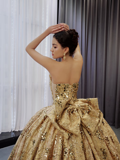 Gold Sequined Pattern Glitterwith Bow Detailes 251009