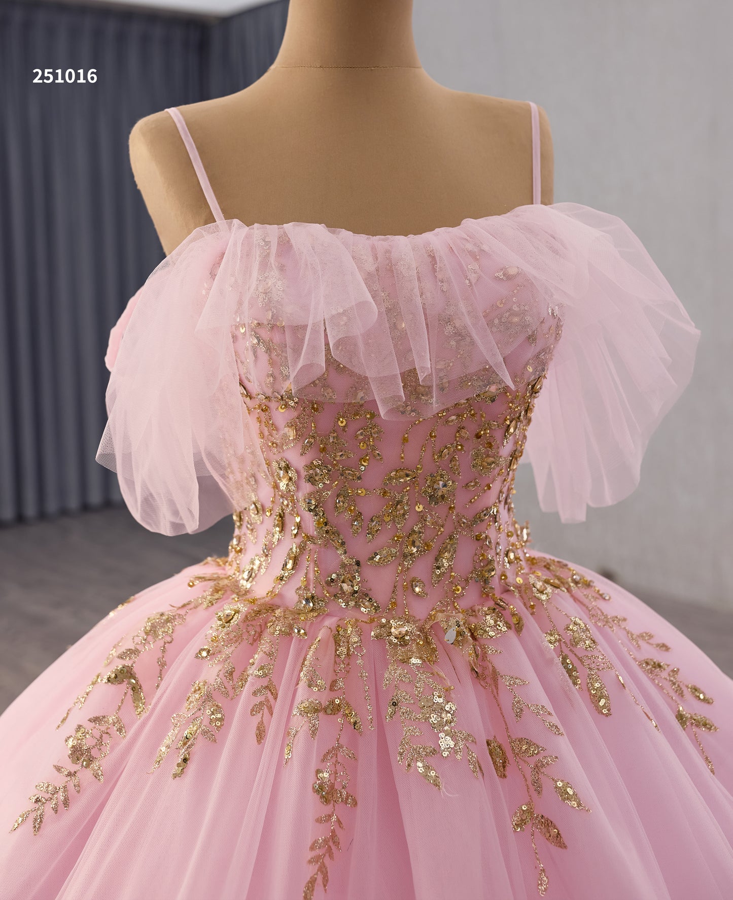 2025 New Blush Pink Gold lace Off the Shoulder Quinceanera Dress 251016
