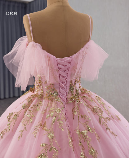 2025 New Blush Pink Gold lace Off the Shoulder Quinceanera Dress 251016