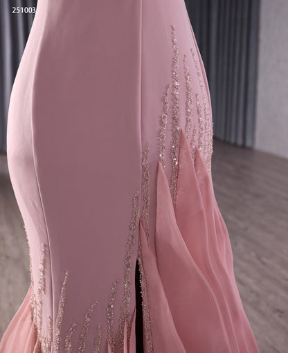 Elegant One-Shoulder Pink Mermaid Gown with Sequins and Flowing Train 251003