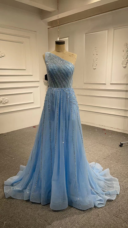 One Shoulder Yellow Prom Beaded Pageant Gown Formal Dresses 67535
