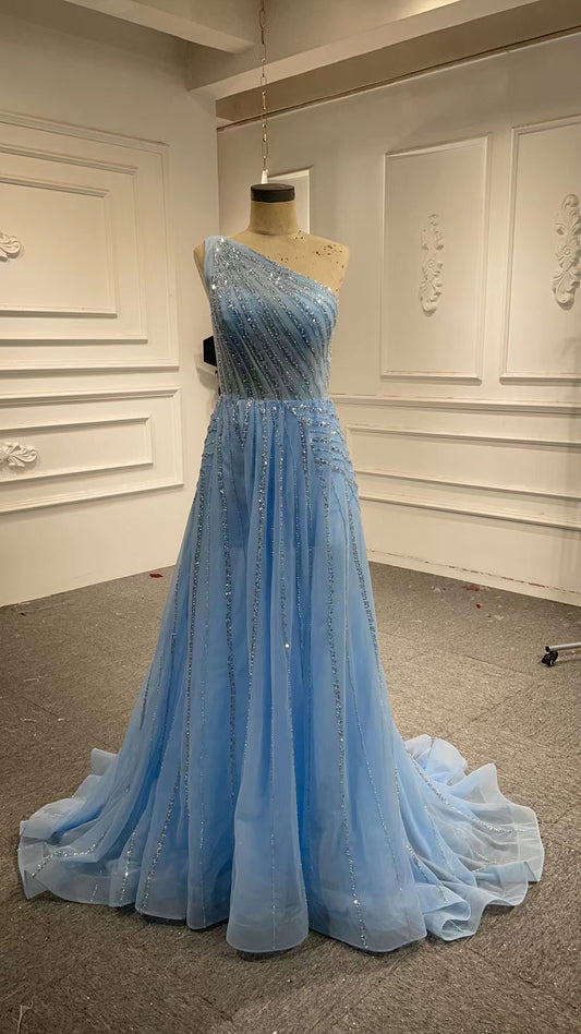 One Shoulder Yellow Prom Beaded Pageant Gown Formal Dresses 67535