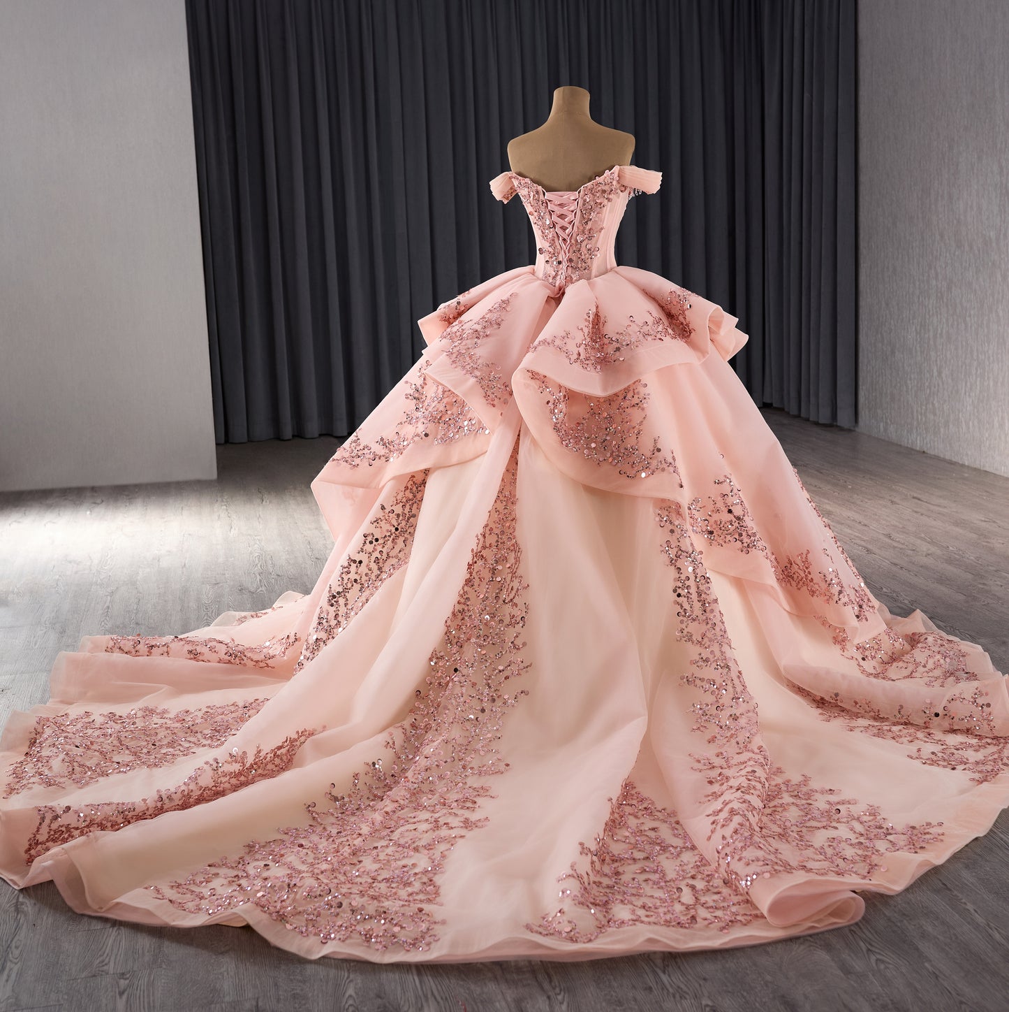 Elegant Off Shoulder Long Train Prom Gown Luxury Quinceanera Dress 241071