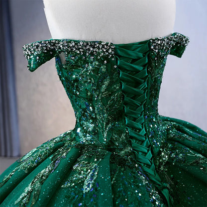 Dark Green Off the Shoulder Appliques Quinceanera Ball Gown 231113