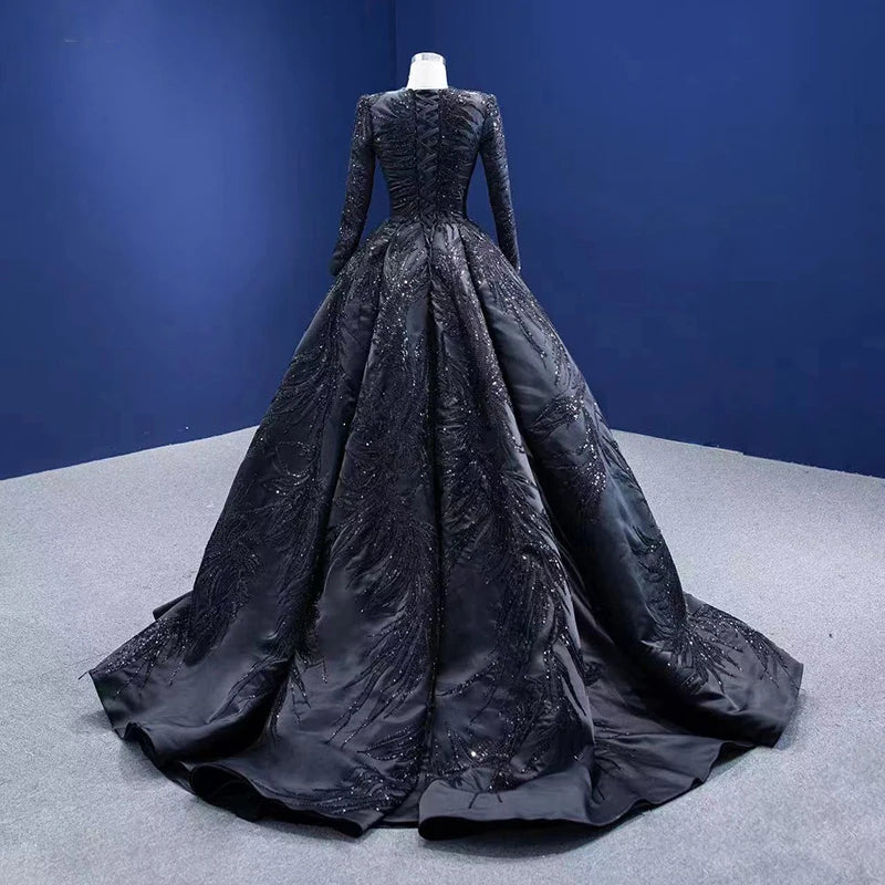 Elegant Black Deep V-Neck Long Sleeve Sheer Lace Evening Gown 67500