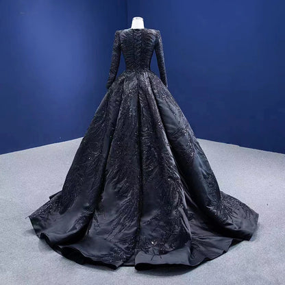 Elegant Black Deep V-Neck Long Sleeve Sheer Lace Evening Gown 67500