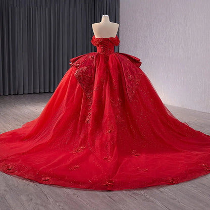 Princess Appliqued Flower Red Ball Gown Evening Party Dresses 241070