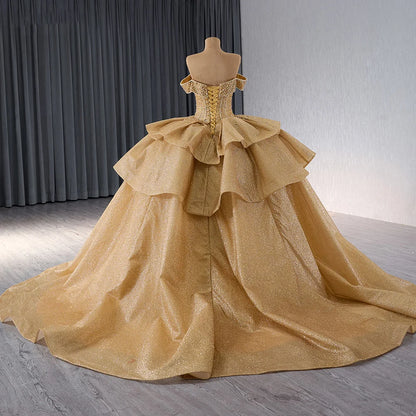 Glitter Golden Sweetheart Empire Layered Ball Gown 241088