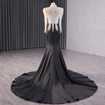 Long Sleeve Contrast Color Pearls Mermaid Evening Party Dresses 241007