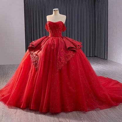 Princess Appliqued Flower Red Ball Gown Evening Party Dresses 241070