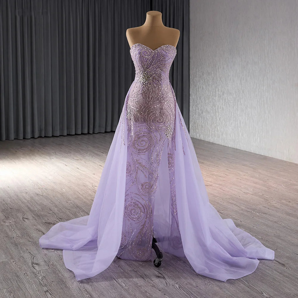Sexy Lilac Slit Off Shoulder Feather Mermaid Evening Gowns Dresses