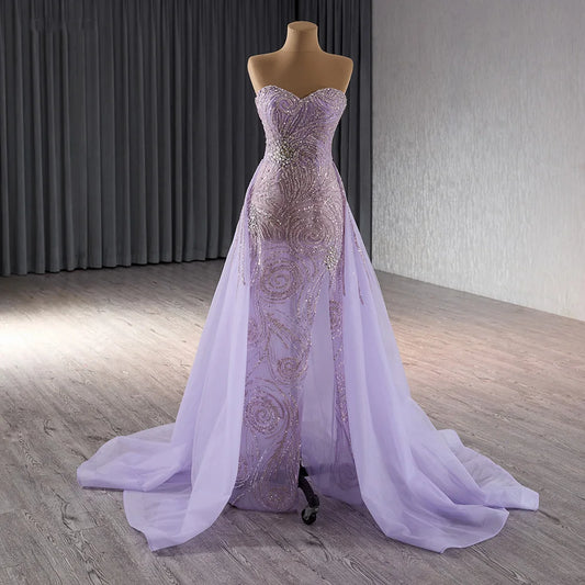 Sexy Lilac Slit Off Shoulder Feather Mermaid Evening Gowns Dresses