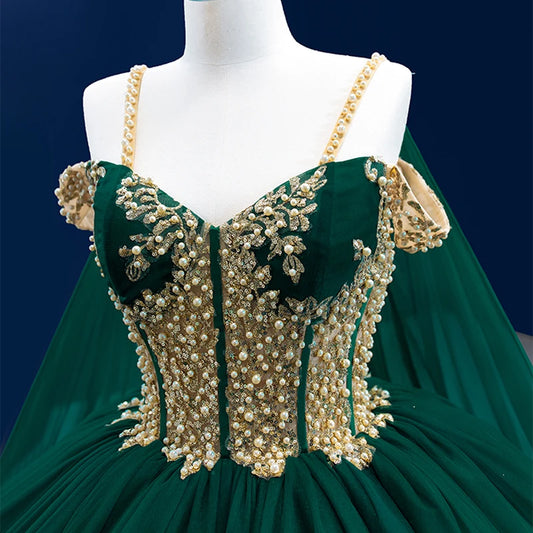 Btydress Green Spaghetti Strap Party Gowns Pearl Off Shoulder Dress 222194