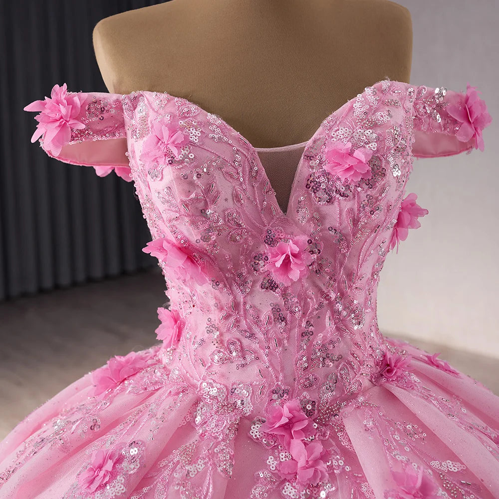 2025 Pink Appliqued Flower Empire Bridal Ball Gown Quinceanera Dress
