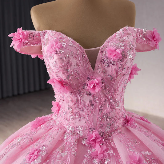 2025 Pink Appliqued Flower Empire Bridal Ball Gown Quinceanera Dress