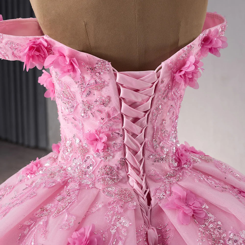 2025 Pink Appliqued Flower Empire Bridal Ball Gown Quinceanera Dress