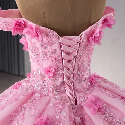 2025 Pink Appliqued Flower Empire Bridal Ball Gown Quinceanera Dress