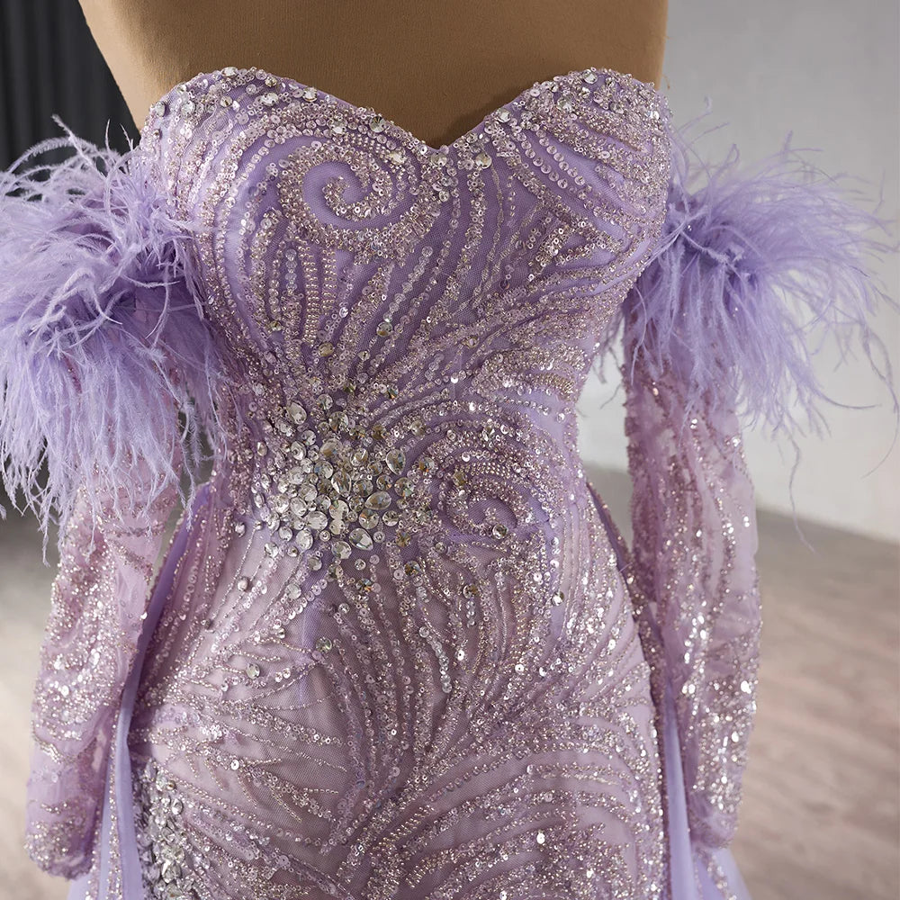 Sexy Lilac Slit Off Shoulder Feather Mermaid Evening Gowns Dresses