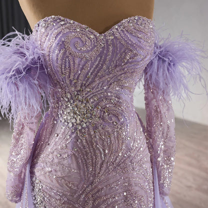 Sexy Lilac Slit Off Shoulder Feather Mermaid Evening Gowns Dresses