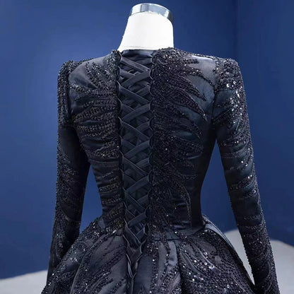 Elegant Black Deep V-Neck Long Sleeve Sheer Lace Evening Gown 67500