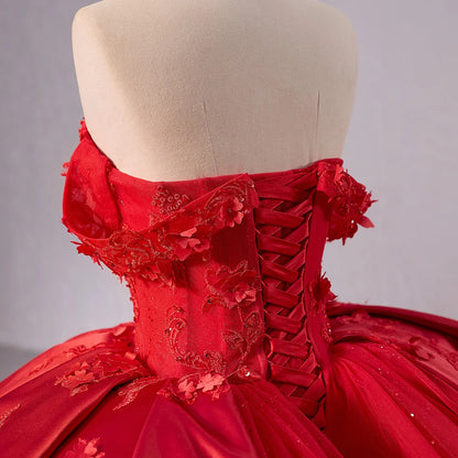 Princess Appliqued Flower Red Ball Gown Evening Party Dresses 241070
