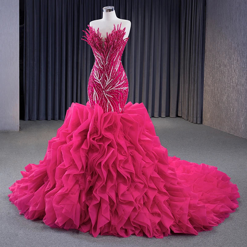 Ruffle Modest Beaded Party Prom Mermaid Ball Gown Evening Dresses 231040