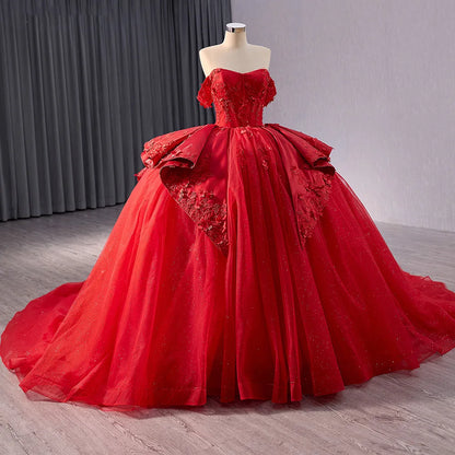Princess Appliqued Flower Red Ball Gown Evening Party Dresses 241070