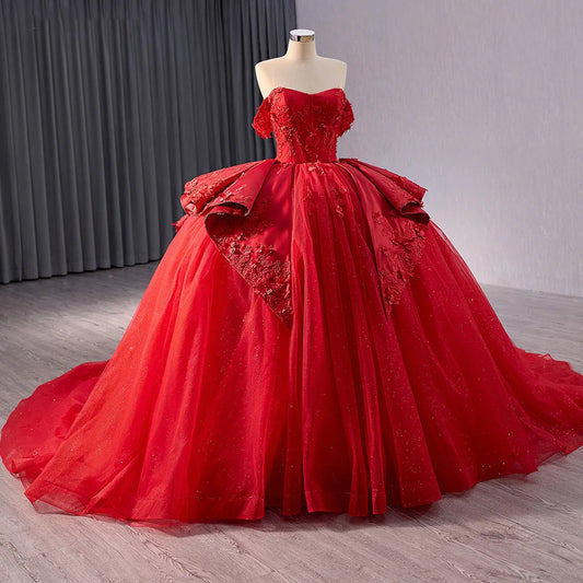 Princess Appliqued Flower Red Ball Gown Evening Party Dresses 241070