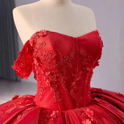 Princess Appliqued Flower Red Ball Gown Evening Party Dresses 241070