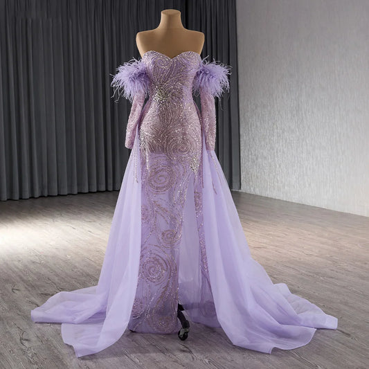 Sexy Lilac Slit Off Shoulder Feather Mermaid Evening Gowns Dresses