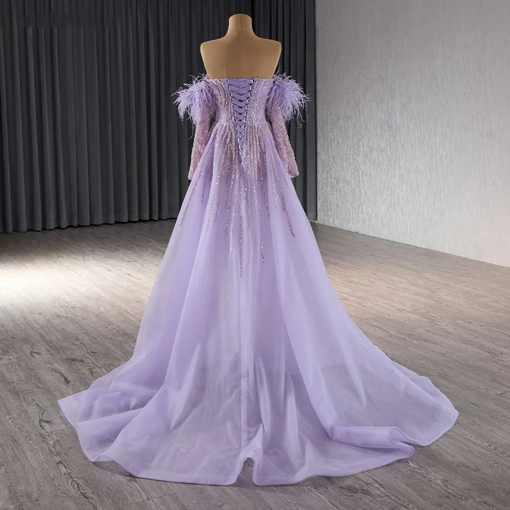 Sexy Lilac Slit Off Shoulder Feather Mermaid Evening Gowns Dresses