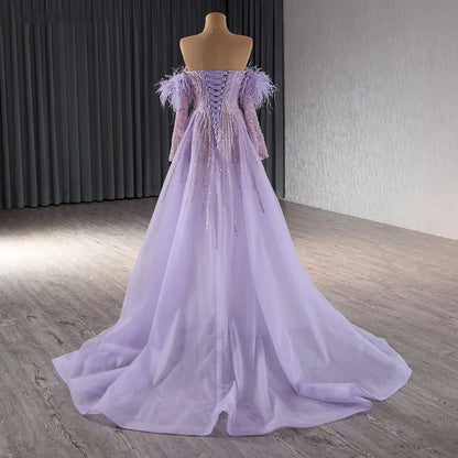 Sexy Lilac Slit Off Shoulder Feather Mermaid Evening Gowns Dresses