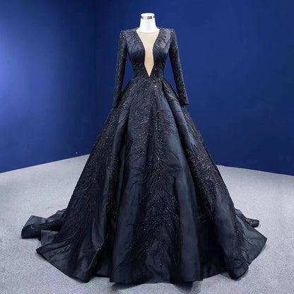 Elegant Black Deep V-Neck Long Sleeve Sheer Lace Evening Gown 67500