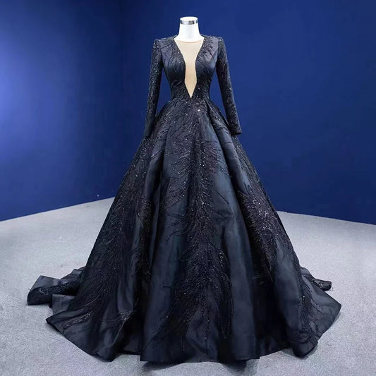 Elegant Black Deep V-Neck Long Sleeve Sheer Lace Evening Gown 67500