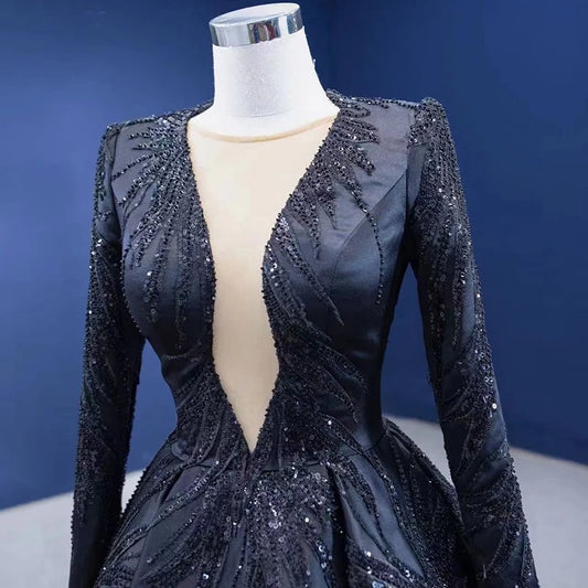 Elegant Black Deep V-Neck Long Sleeve Sheer Lace Evening Gown 67500
