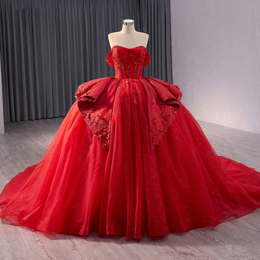 Princess Appliqued Flower Red Ball Gown Evening Party Dresses 241070