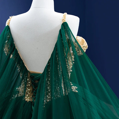 Btydress Green Spaghetti Strap Party Gowns Pearl Off Shoulder Dress 222194