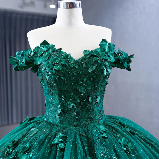 Emerald Green Pearls 3D floral appliqués Party Gown Sweet 15 Quinceañera 231051