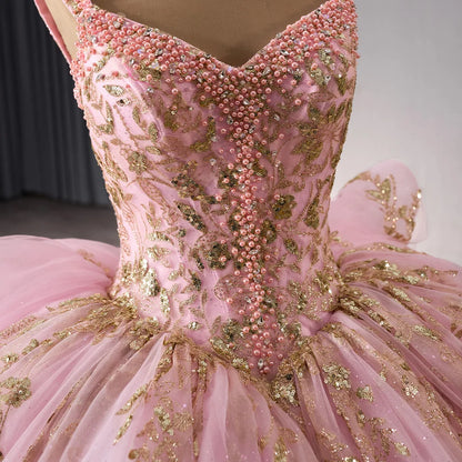 Light Pink Sleeveless Sparkle Quinceañera Dress with Gold Lace 241090
