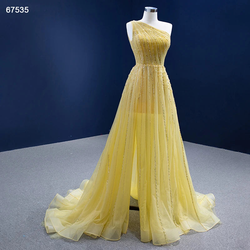 One Shoulder Yellow Prom Beaded Pageant Gown Formal Dresses 67535