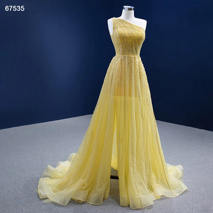 One Shoulder Yellow Prom Beaded Pageant Gown Formal Dresses 67535