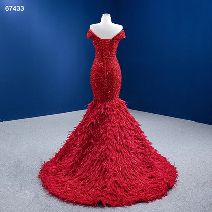 Sparkly Red Feather Formal Gown Sequin Prom Pageant Dress 67433